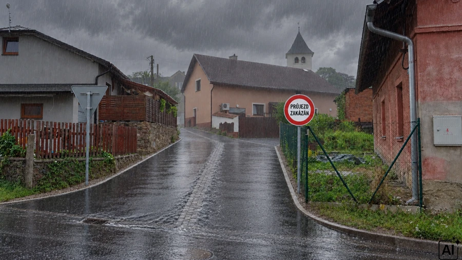 Vizualizace odtoku dešťové vody v uličce Příčná po opravě — návrh vytvořený umělou inteligencí