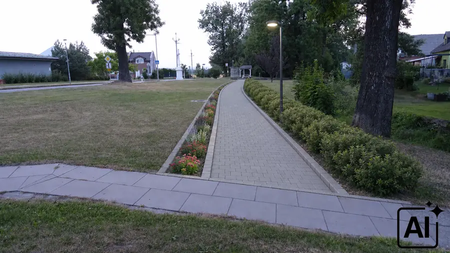 Vizualizace dlážděného chodníku od autobusové zastávky v Raduni