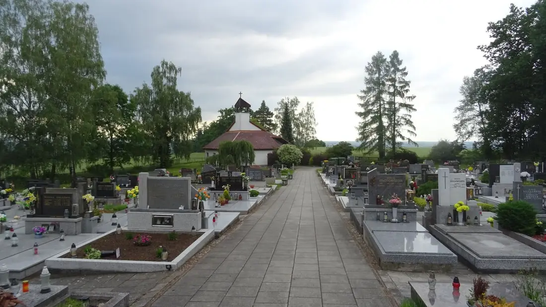 Letecký pohled na hřbitov se vzrostlými stromy a hlavní cestou vedoucí ke kostelu.